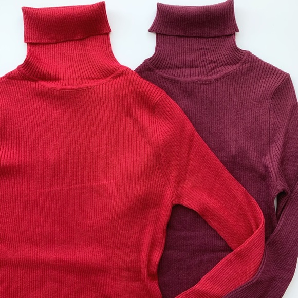 BURGUNDY SLIM FIT RIBBED TURTLENECK TOP - Picture 6 of 10